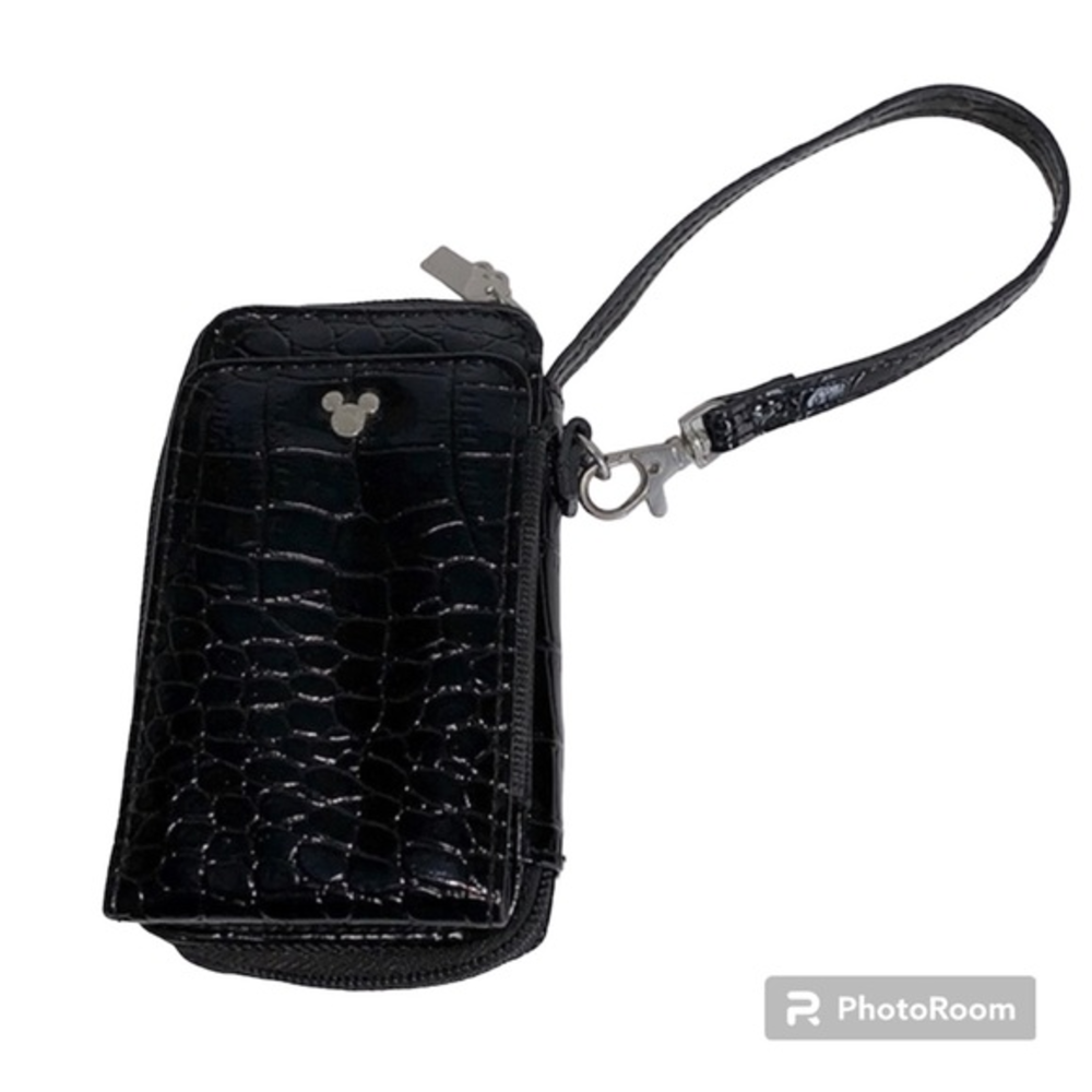 Black Croc-Embossed Wristlet Card Holder with Mickey Accent